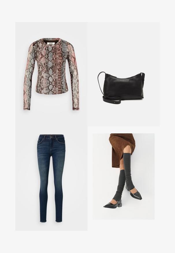 Pikad varrukad, millel on mitmevärviline madu kirjaga muster roosa, halli ja pruuni tooni. Valmistatud venivast ja kergest kangast.; Tumedad sinised kitsad teksad denimpinises, millel on keskmise kõrgusega vöökoht, viie tasku disain ja purustatud servad. Sile tekstuur koos õrna pleekimisega.; Mustad patsaline odav värviga kingad, millel on kreen ja pahkluuring, on paaritatud hallide ribakudumitega sääremiidega ja pruunist nahast seelikuga.; Mustmust nahk õlakotil on sile tekstuur, kumer kuju, reguleeritav rihm ja lukuga sulgemine. Minimalistlik disain ilma kaunistusteta.