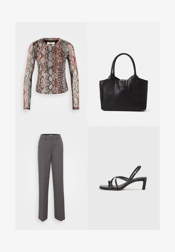 Dlouhý rukáv top s multicolor hadím vzorem v odstínech růžové, šedé a hnědé. Vyrobeno z elastického, lehkého materiálu.; Šedé kalhoty na míru se střihovým provedením rovného nohavice, poutky na pásek a hladkou texturou látky. Žádné viditelné vzory ani ozdoby.; Černé sandály na tenkém podpatku se čtveratou špičkou a nízkým blokovým podpatkem. Mají několik tenkých popruhů a nastavitelné zapínání okolo kotníku. Vyrobeny z hladké kůže.; Černá kožená tote taška s hladkým povrchem, strukturovaným tvarem, dvěma uchy a výrazným stříbrným detailem s přezkou na přední straně.