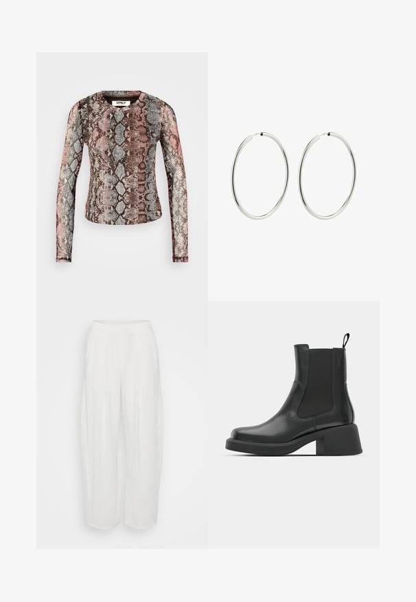 Garšīgas piedurknes tops ar daudzkrāsainu čūsku rakstu rozā, pelēkā un brūnā krāsā. Izgatavots no elastīga, viegla auduma.; Baltas, brīvi pieguļošs bikses ar relaksētu siluetu, izgatavotas no faktūras auduma. Iespraužama josta un taisna kāju dizains.; Melna ādas potītes zābaki ar elastīgām sānu daļām, noapaļota purngala forma un masīls blokveida papēdis. Gluda tekstūra un minimālisma dizains.; Sudraba riņķa auskari ar gludu, pulētu apdari. Apaļa forma, vienāda platuma, izstrādāti vieglai aizdarei. Vienkārši un eleganti.