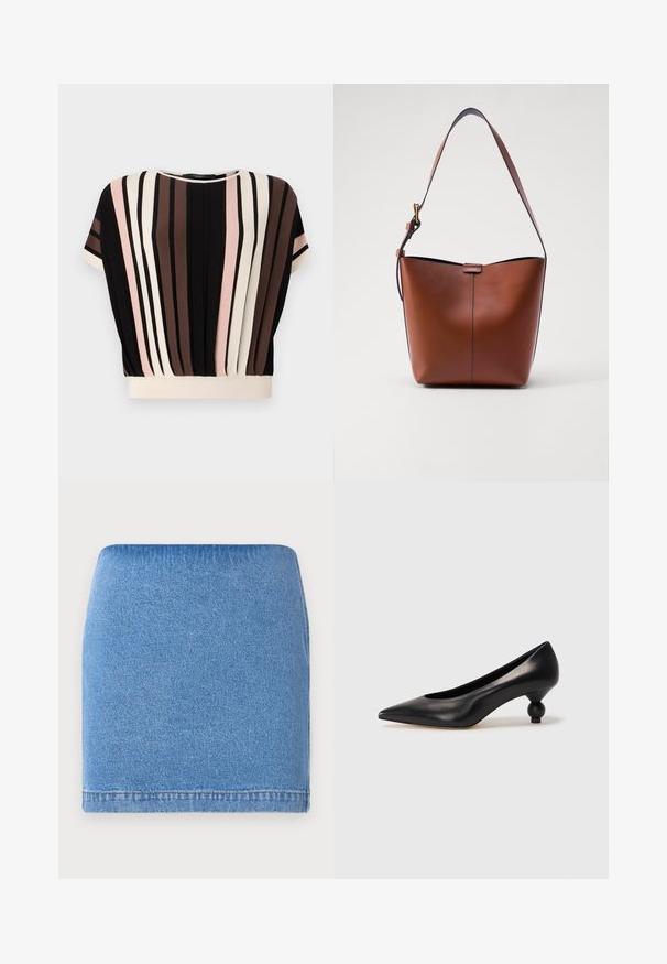 Triko s krátkým rukávem se svislými pruhy v černé, krémové, růžové a hnědé barvě. Má kulatý výstřih a volný střih s krémovým lemem.; Džínová minisukně v světlé modré barvě s upnutým střihem, rovný lem a jemná textura. Žádné viditelné zapínání nebo kapsy.; Černá kožená vysoká bota na podpatku s špičatou špičkou a kulatým, zaobleným podpatkem. Hladká textura s elegantním, minimalistickým designem.; Hnědá kožená taška přes rameno s zakřiveným tvarem, hladkou texturou a jedním tenkým popruhem. Obsahuje jemný šev a malý detail loga.