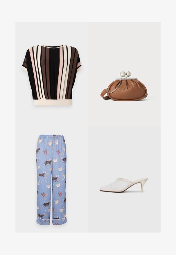 Triko s krátkým rukávem se svislými pruhy v černé, krémové, růžové a hnědé barvě. Má kulatý výstřih a volný střih s krémovým lemem.; Modré pyžamové kalhoty s hravým vzorem, který zahrnuje krávy, mytologická stvoření a nebeské prvky; elastický pas a široké nohavice.; Bílé síťované psací muly s špičatou špičkou, štíhlým středně vysokým podpatkem a designem na nazouvání na jednobarevném pozadí.; Hnědá kožená psaníčko s stříbrným kulatým uzávěrem a malým stříbrným řetízkem na bílém pozadí.