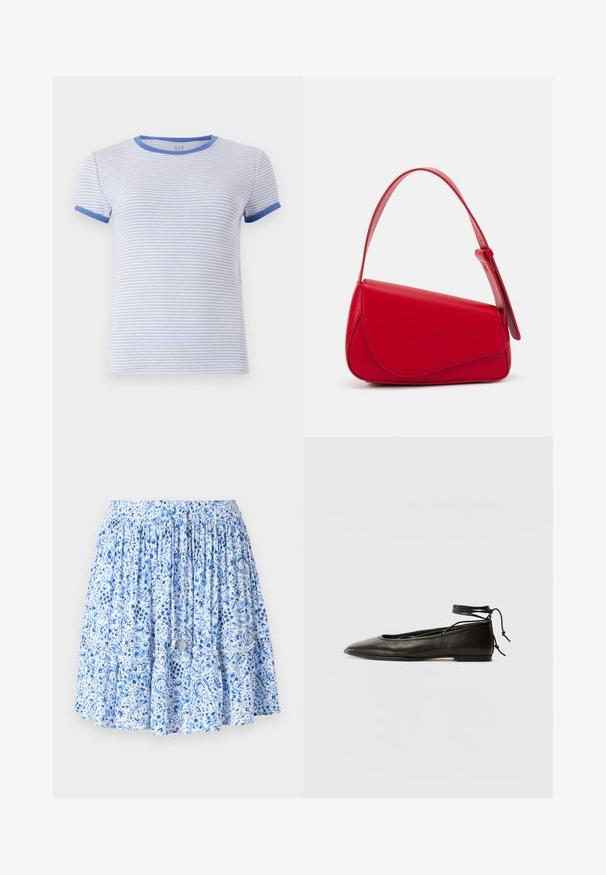 Prúžkované tričko s krátkym rukávom vyrobené z rebrovanej látky. Obsahuje svetlomodré prúžky na bielom pozadí. Modré akcenty na golieri a rukávoch.; Svetlomodrá sukňa s kvetinovým a paisley vzorom, s nazbieraným elastickým pásom, tiered volánmi a šnúrkami s kovovými koncami.; Čierne kožené baletky s špicatou špičkou, viazaním okolo členka a plochou podrážkou, s hladkou textúrou a minimalistickým dizajnom.; Červená kožená kabelka s ostrým, geometrickým dizajnom. Má jeden nastaviteľný popruh a uzatváranie na klopu so šitím.
