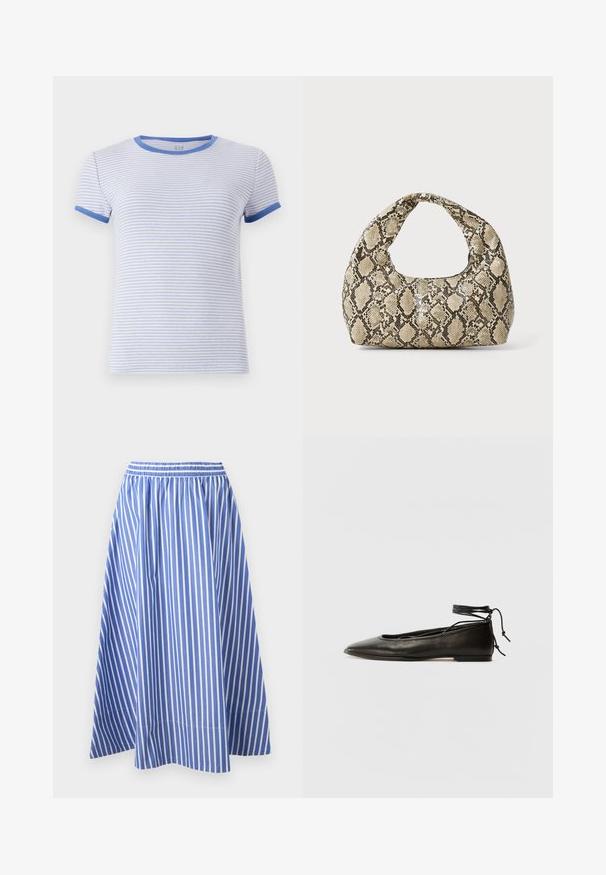 Raitapaita, jossa on lyhyet hihat ja ribbikangas. Valkoisella taustalla vaaleansiniset raidat. Siniset yksityiskohdat kauluksessa ja hihoissa.; Sininen ja valkoinen raidallinen hame, jossa on joustava vyötärö ja ilmava A-linjainen siluetti, valmistettu kevyesta kankaasta.; Musta nahka ballet-flatit, joissa on terävä kärki, nilkkaremmiliitos ja litteä pohja, varustettuna sileällä pinnalla ja minimalistisella muotoilulla.; Käärmeennahkakuosiset käsilaukku, jossa on kaareva kahva. Tehty teksturoiduista beigeistä ja ruskeista materiaaleista, joissa on erottuva timanttikuvio.