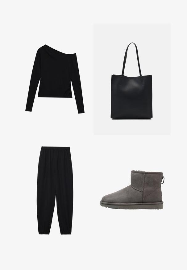 Čierny top s dlhými rukávmi, ktorý má asymetrický výstrih a priliehavý strih z jemnej, hladkej látky. Bez viditeľných vzorov alebo kovania.; Čierne, ľahké nohavice s elastickým pásom a zúženými nohavicami. Tkanina je hladká a má voľný, zúžený strih.; Šedé semišové členkové topánky s okrúhlym špicom, podšívkou z ovčej vlny a plochou gumovou podrážkou. Obsahujú štítok s logom a prešité švy.; Čierna kožená taška na rameno s hladkým povrchom, obdĺžnikovým tvarom a dvoma dlhými uchami. Bez viditeľného kovania alebo ozdôb.