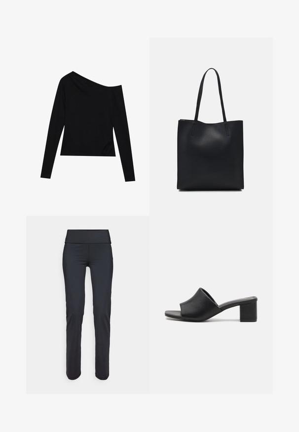 Crni dugosleeve top s asimetričnom izrezom i prilagođenim dizajnom od mekog, glatkog materijala. Bez vidljivih uzoraka ili hardvera.; Crne sportske tajice sa širokim, glatkim pojasom. Izrađene su od rastezljivog materijala, imaju elegantan, sužen kroj i bez vidljivih uzoraka.; Crne kožne mule s blok-petom i otvorenim prstima, sa glatkom površinom i blago zakrivljenim gornjim dijelom za udobnost i stil.; Crna kožna torba za nošenje s glatkom teksturom, pravokutnim oblikom i dvije duge ručke. Nema vidljivih metalnih dijelova ili ukrasa.