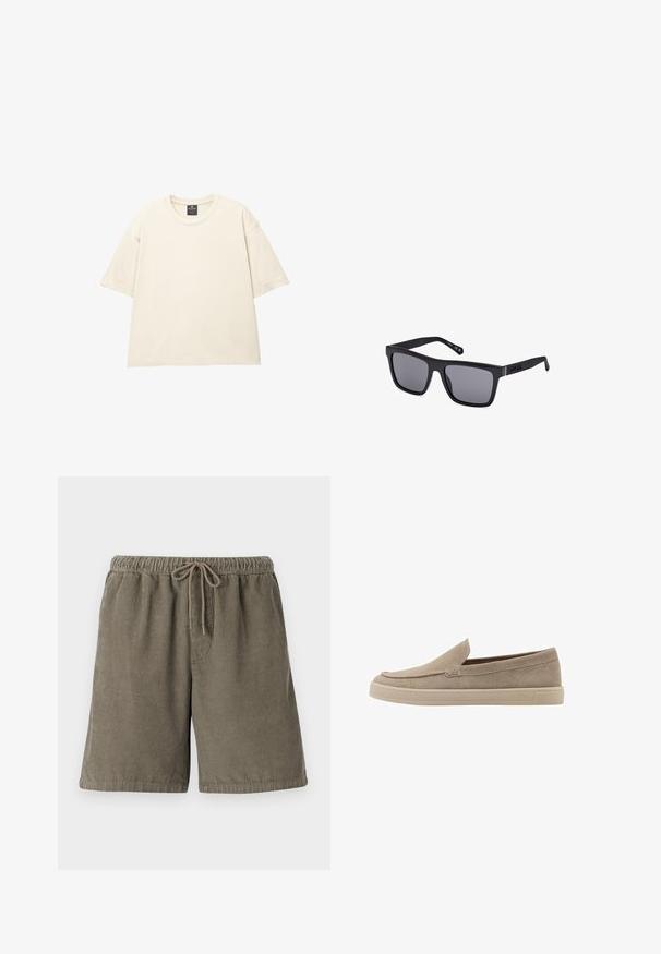 Oversized beige T-shirt gemaakt van zachte katoen, met een ronde hals, korte mouwen en een schone, eenvoudige stiksels. Geen patronen of grafische elementen.; Katoenen corduroy shorts in olijfgroen met gestructureerde verticale strepen, elastische tailleband en verstelbaar koord voor extra comfort.; Beige suède instap schoenen met een afgeronde neus, laag profiel en een gestructureerd oppervlak. Kenmerkt subtiele stikdetails langs de bovenkant.; Zwarte rechthoekige zonnebril met donkere lenzen, een matte afwerking en logo-detail op de sluiting. Het ontwerp heeft rechte randen en dikke monturen.