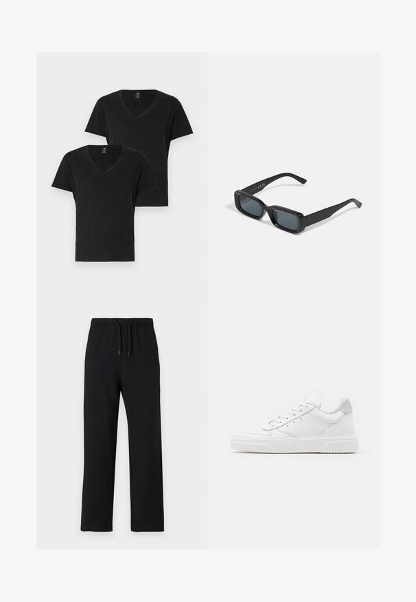 Dwie czarne t-shirty z dekoltem w serek, wykonane z miękkiej bawełny. Krótkie rękawy i standardowy krój. Minimalistyczny design z dyskretnym logo na piersi.; Jack & Jones JPSTKANE JJCHARGE czarny; Białe skórzane trampki o gładkim wykończeniu, zaokrąglonym nosku, płaskich sznurówkach i teksturowanej podeszwie. Szary zamszowy akcent na pięcie.; Czarne prostokątne okulary przeciwsłoneczne z ciemnymi soczewkami. Błyszcząca oprawka, proste ramiona z lekkim zakrzywieniem. Minimalistyczny design, bez ozdób.