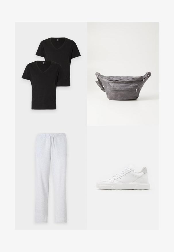 Zwei schwarze V-Ausschnitt-T-Shirts aus weichem Baumwollstoff. Kurze Ärmel und eine normale Passform. Minimalistisches Design mit einem dezenten Logo auf der Brust.; Graue Sweatpants aus weichem Stoff, mit einem elastischen Bund und einer Kordel, geraden Beinen und einer glatten Textur.; Weiße Leder-Sneaker mit glatter Oberfläche, rundem Zehenbereich, flachen Schnürsenkeln und strukturiertem Schuhsohlen. Graues Wildleder-Detail an der Ferse.; Graue Wildleder-Gürteltasche mit runder Form, zwei mit Reißverschluss verschlossenen Fächern und verstellbarem Trageriemen. Mit metallischen Hardware-Akzenten.