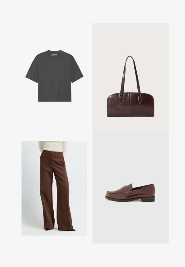 Tmavě šedé tričko s krátkým rukávem, kulatým výstřihem, vyrobené z měkké tkaniny. Bez viditelných vzorů nebo grafiky, jednoduchý design.; Bílá zkrácená košile na knoflíky s dlouhými rukávy, která má klasický límec a malé černé vyšívané logo na levé hrudi.; Hnědé široké kalhoty vyrobené z hladké tkaniny, s upraveným pasem a sklady, s čistým, moderním siluetou.; Burgundské kožené mokasíny s hladkým povrchem, s prošívaným detailem a nízkým blokovým podpatkem, navržené pro pohodlí a styl.; Hnědá kožená kabelka s dvěma dlouhými uchy, strukturovaným obdélníkovým tvarem, hladkou texturou a zaoblenými hranami. Obsahuje dekorativní detaily na uších.