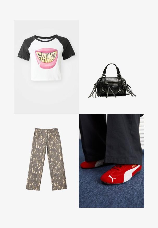 Crop top s černými raglánovými rukávy, bílým tělem, s velkou grafikou růžových rtů a textem "FLACKD" a stříbrným kroužkem na rtech. Krajkové akcenty na rukávech.; Džínsy s širokými nohavicemi v šedém, béžovém a hnědém maskáčovém vzoru, přední kapsy, poutka na pásek a zapínání na knoflík.; Červené semišové tenisky s bílými detaily, mají texturovaný materiál, kulatou špičku a zlaté logo na boku, nošené s černými kalhotami.; Černá kožená kabelka s pletenými držadly, texturovaným povrchem, přední kapsou na zip a dekorativními třásněmi. Kompaktní a strukturovaný tvar.