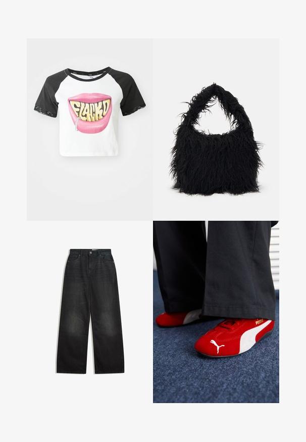Top na krótki rękaw z czarnymi rękawami raglanowymi, biały korpus, z dużą grafiką różowych ust z napisem "FLACKD" oraz srebrnym kolczykiem w ustach. Koronkowe akcenty na rękawach.; Spodnie dżinsowe o szerokich nogawkach w czarnym kolorze z wysokim stanem, z pięcioma kieszeniami i zasuwakiem. Materiał ma gładką teksturę z delikatnym wyblaknięciem.; Czerwone zamszowe sneakersy z białymi akcentami, z teksturowanym materiałem, okrągłym noskiem i złotym logo z boku, noszone z czarnymi spodniami.; Even&Odd - Torba na zakupy