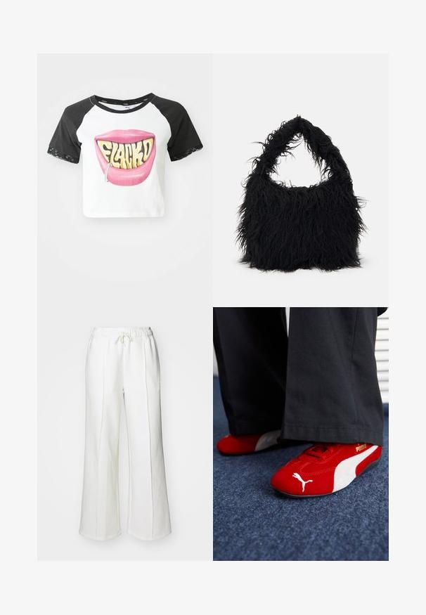 Kroptopa ar melniem raglanu piedurknēm, balta virsdaļa, ar lielu rozā lūpu grafiku un tekstu "FLACKD", kā arī sudraba lūpu gredzenu. Mežģīņu akcenti piedurknēs.; Baltas sporta bikses ar auklu viduklī, platu kāju dizainu un vertikālām šuvēm. Izgatavotas no mīkstas, tekstūras auduma.; Sarkani zīda sneakers ar baltām akcentiem, ar teksturētu materiālu, apaļu purngalu un zeltītu logotipu sānos, valkāti ar melniem biksēm.; Even&Odd Maisiņveida soma - black