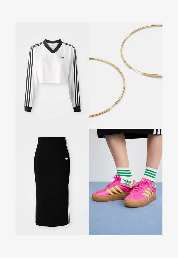 Valge pikapoole varrukaga lühike topp, millel on must V-kaelus, kontrastsed mustad mansetid ja iga varruka peal kolm musta triipu. Rinnal väike logo.; Must have ribidega midi seelik, millel on hästi liibuv disain, valgete külgtriipude ja väikese valge embleemiga vasakul küljel.; Erksed roosad saukud roheliste triipudega, kummist tald ja tekstureeritud ülemine osa. Kandmisel valged sokid, millel on rohelised triibud ja logo.; Kulla värvi nõelad, õhukesed ja ümmargused, millel on sile metallist pind ja ilma kaunistuste või mustriteta.
