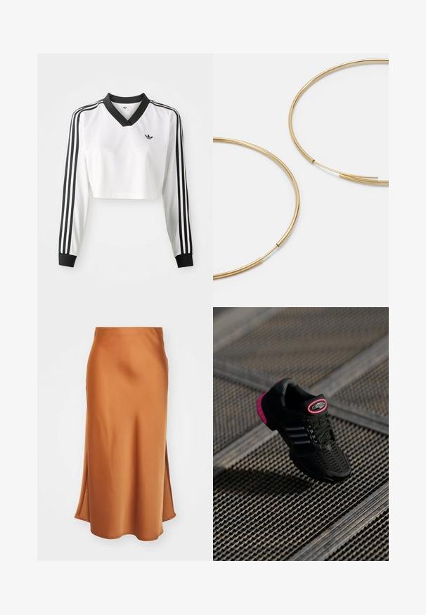 Weißes langärmliges Crop-Top mit einem schwarzen V-Ausschnitt, kontrastierenden schwarzen Bündchen und drei schwarzen Streifen an jedem Ärmel. Kleines Logo auf der Brust.; Satin-Midirock in verbranntem Orange mit glatter Textur, seitlichem Schlitz und leicht ausgestellt geschnittenem Saum für eine fließende Silhouette.; Schwarzer Sportschuh mit Netzobermaterial, pinken Akzenten und schwarzen gestreiften Details. Verfügt über eine strukturierte Außensohle und ein Logo-Label an der Ferse.; Goldfarbene Ohrringe in Form von dünnen, runden Kreolen, mit einer glatten, metallischen Oberfläche und ohne Verzierungen oder Muster.