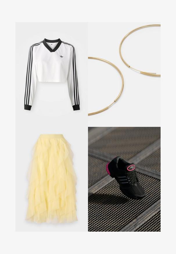 Weißes langärmliges Crop-Top mit einem schwarzen V-Ausschnitt, kontrastierenden schwarzen Bündchen und drei schwarzen Streifen an jedem Ärmel. Kleines Logo auf der Brust.; Gelber, schichtenförmiger Rock aus durchsichtiger Tüllware, der eine schwingende Silhouette mit überlappenden Rüschen und einem elastischen Bund aufweist.; Schwarzer Sportschuh mit Netzobermaterial, pinken Akzenten und schwarzen gestreiften Details. Verfügt über eine strukturierte Außensohle und ein Logo-Label an der Ferse.; Goldfarbene Ohrringe in Form von dünnen, runden Kreolen, mit einer glatten, metallischen Oberfläche und ohne Verzierungen oder Muster.
