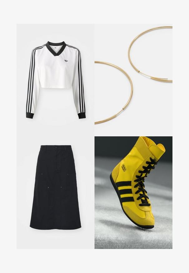 Bijela dugačka majica kratkog kroja s crnim V-izrezom, kontrastnim crnim manžetama i tri crne pruge na svakoj rukavu. Mali logo na prsima.; Crna suknja od pamuka, s prednjim zatvaranjem na gumbe, dva velika detalja džepa i ravnim drugim siluetom. Glatka tekstura.; Visoki tenisice napravljene od žutog sintetičkog materijala, sa crnim vezicama, tri crne pruge i brendiranjem sa strane. Teksturirana gumena potplat.; Zlatne kružne naušnice, tanke i okrugle, s glatkom metalnom površinom bez ukrasa ili uzoraka.