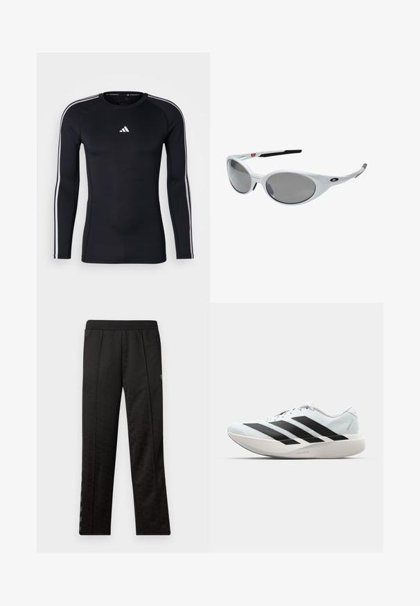 Camiseta deportiva de manga larga negra con un diseño ajustado. Presenta un logo blanco de Adidas en el pecho y franjas blancas a lo largo de los hombros.; Pantalones deportivos negros con un patrón texturizado, cinturilla elástica, dos bolsillos laterales con cremallera y rayas verticales a los lados.; Zapatillas de running ligeras en azul pálido con rayas negras. Presentan una parte superior suave, puntera redonda y una gruesa mediasuela blanca etiquetada como "LIGHTSTRIKE PRO".; Gafas de sol de plástico blanco con grandes lentes ovalados, tintados de gris. Presentan almohadillas negras para las orejas y un pequeño logotipo en el armazón. Acabado suave.
