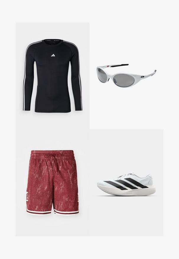 Zwart atletisch shirt met lange mouwen en een getailleerd ontwerp. Kenmerkt zich door een wit Adidas-logo op de borst en witte strepen langs de schouders.; Rode mesh korte broek met een gestructureerd patroon, witte accenten en een koordsluiting in de taille. Voorzien van zijzakken en een logo op het linkerpijp.; Lichte hardloopschoenen in lichtblauw met zwarte strepen. Beschikt over een soepele bovenkant, ronde neusstuk en dikke witte tussenzool met het label "LIGHTSTRIKE PRO."; Witte kunststof zonnebril met grote ovale lenzen, grijs getint. Voorzien van zwarte oorsteunen en een klein logo op het montuur. Gladde afwerking.