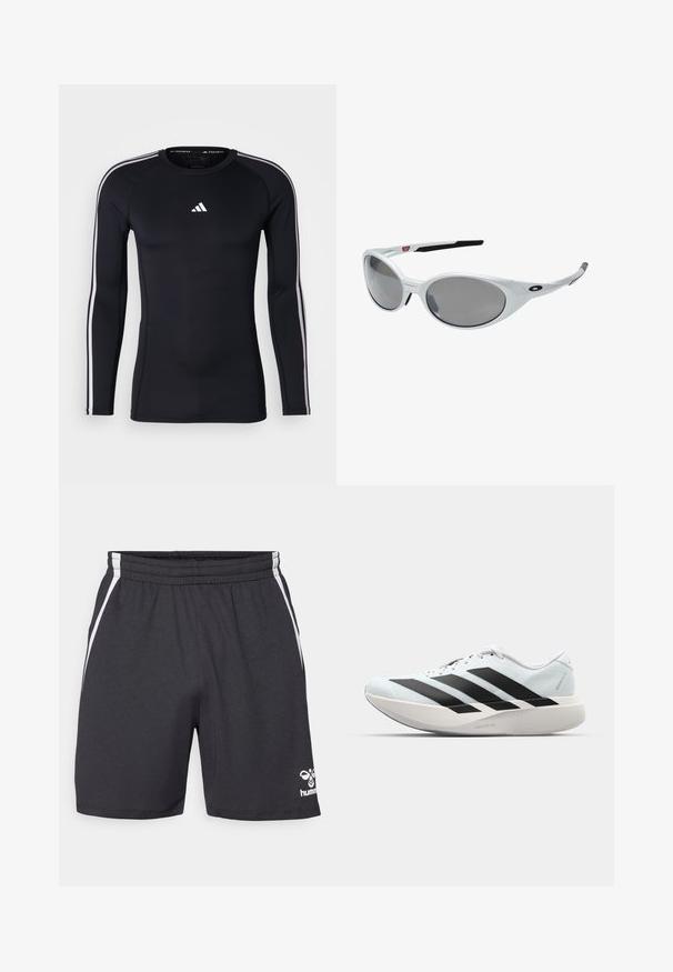 Svart långärmad träningsskjorta med en figursydd design. Har en vit Adidas-logotyp på bröstet och vita ränder längs axlarna.; Svarta sportshorts i en strukturerad tygkvalitet, med vita sidostreck och en logotyp på nedre högra sidan. Elastisk midja för en bra passform.; Lätta löparskor i ljusblått med svarta ränder. Har en slät ovandel, rund tå och tjock vit mellansula märkt "LIGHTSTRIKE PRO."; Vita plastsolglasögon med stora ovala linser, gråtonade. Har svarta örongrepp och en liten logotyp på ramen. Slät yta.