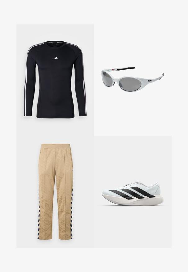 Zwart atletisch shirt met lange mouwen en een getailleerd ontwerp. Kenmerkt zich door een wit Adidas-logo op de borst en witte strepen langs de schouders.; Beige trainingsbroek met een tonale geperste bloemenpatroon, marineblauwe en witte gestreepte zijpanelen, een elastische tailleband en ritszakken.; Lichte hardloopschoenen in lichtblauw met zwarte strepen. Beschikt over een soepele bovenkant, ronde neusstuk en dikke witte tussenzool met het label "LIGHTSTRIKE PRO."; Witte kunststof zonnebril met grote ovale lenzen, grijs getint. Voorzien van zwarte oorsteunen en een klein logo op het montuur. Gladde afwerking.