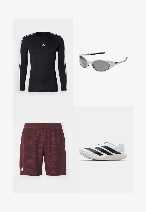 T-shirt de sport noir à manches longues avec une coupe ajustée. Dispose d'un logo Adidas blanc sur la poitrine et de stripes blanches le long des épaules.; Shorts de sport marron avec un motif ondulé, taille élastique, poches latérales et un logo Adidas blanc en bas à gauche.; Baskets de course légères en bleu pâle avec des rayures noires. Elles présentent un dessus lisse, un embout rond et une semelle intermédiaire blanche épaisse étiquetée "LIGHTSTRIKE PRO".; Lunettes de soleil en plastique blanc avec de grandes lentilles ovales, teintées en gris. Caractéristiques de plaquettes noires et d'un petit logo sur la monture. Fini lisse.