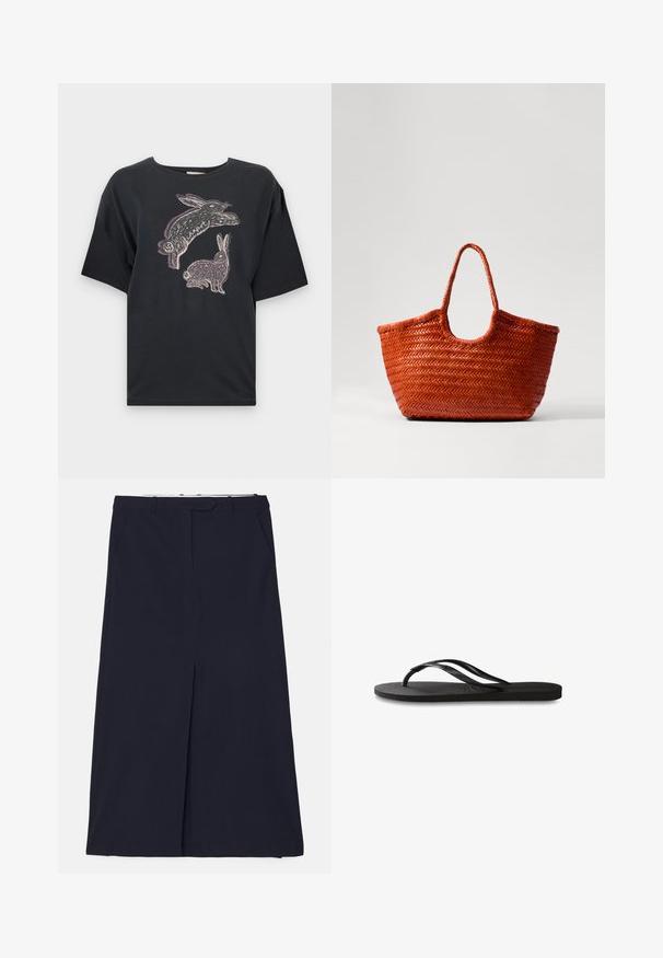 Tricou din bumbac negru, cu croială lejeră, având un print grafic cu două iepuri în alb și lila deschis pe față. Mâneci scurte și decolteu rotund.; DESIGNERS REMIX SCOTT LONG SKIRT - Fustă maxi - navy; Încălțăminte tip flip-flop neagră cu o talpă din cauciuc texturat, două bretele subțiri și un detaliu discret, embosat cu logo pe bretea.; DRAGON DIFFUSION NANTUCKET BASKET BIG - Geantă de mână - naranja