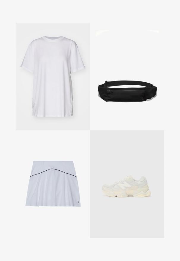 Bjela oversized majica od pamuka, s krojem oko vrata, kratkim rukavima i bočnim prorezima za opušteni izgled. Glatka tekstura.; Bijela sportska suknja s raširenim rubom, s mornarsko plavom akcentnom linijom oko struka i logotipom u donjem desnom kutu.; Lagana tenisica s gornjim dijelom od mrežice i antilopa u blagim krem tonovima, srobustnom potplatom i trodimenzionalnim detaljima.; Crni tkaninski pojasni ranac s zatvaračem, podesivim remenom i glatkom teksturom, dizajniran za udobnost i praktičnost.