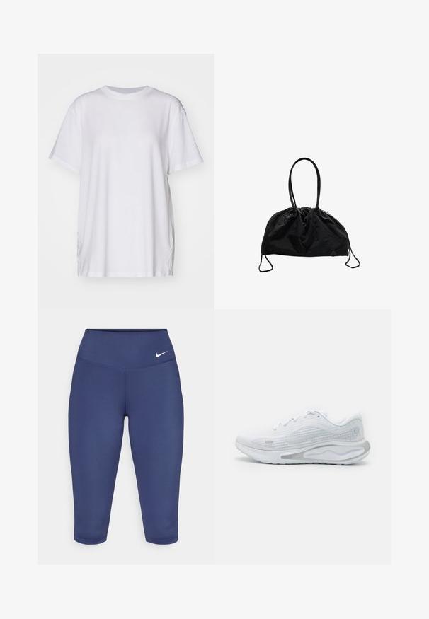 Witte oversized t-shirt van katoen, met een ronde hals, korte mouwen en zijsplitten voor een ontspannen pasvorm. Soepele textuur.; Marineblauwe capri leggings van rekbare stof, met een brede tailleband en een klein wit logo aan de linkerkant. Geen zichtbare naden.; Nike Performance JOURNEY RUN - Hardloopschoenen voor op de weg - white/pure platinum/metallic silver; Zwarte stoffen trekkoord tas met twee lange handvatten, gecentreerde bovenkant, gladde textuur en een kleine knoopaccent aan de onderkant.