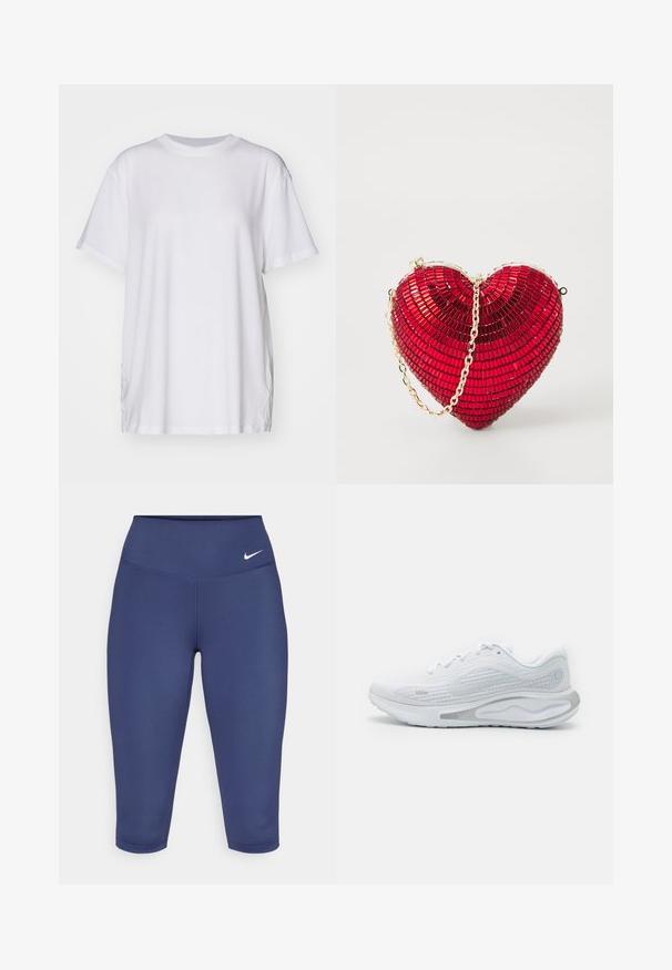 Biały, oversize'owy T-shirt wykonany z bawełny, z okrągłym dekoltem, krótkimi rękawami i bocznymi rozcięciami, zapewniający luźny krój. Gładka faktura.; Granatowe legginsy capri z elastycznego materiału, z szerokim pasem w talii i małym białym logo po lewej stronie. Brak widocznych szwów.; Nike Performance JOURNEY RUN biały; Czerwona torebka w kształcie serca z mozaikowym wzorem, z metaliczną złotą rączką i zapięciem u góry. Gładka, błyszcząca powierzchnia.