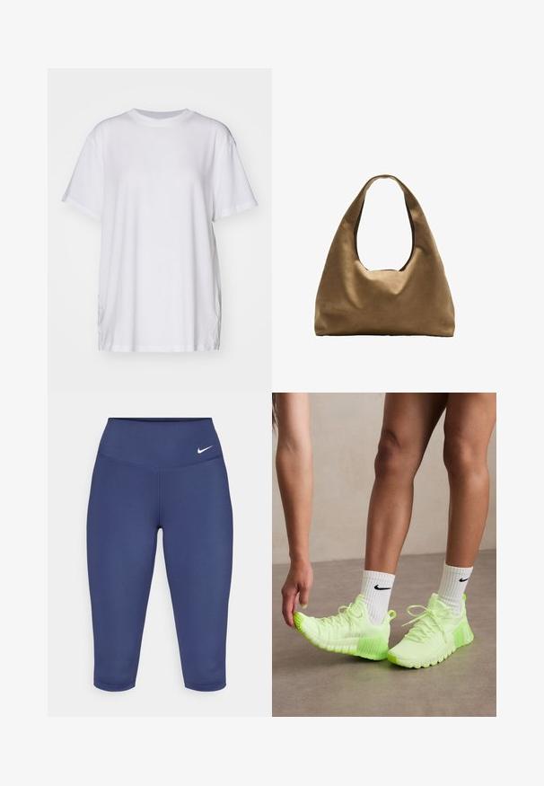 T-shirt bianco oversize in cotone, con colletto a girocollo, maniche corte e spacchi laterali per una vestibilità rilassata. Texture liscia.; Leggings capri blu navy realizzati in tessuto elastico, dotati di un ampio bordo in vita e di un piccolo logo bianco sul lato sinistro. Nessuna cucitura visibile.; Scarpe da ginnastica verde neon con suola testurizzata, design con lacci e logo Nike bianco sul lato. Indossate con calze bianche con dettagli neri.; Borsa a spalla in tessuto marrone con un corpo ampio e arrotondato e una grande maniglia a taglio. Texture morbida, design minimalista e senza hardware visibile.