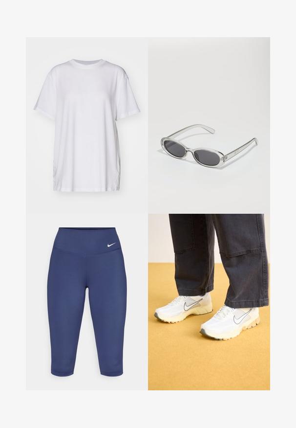 Tricou alb supradimensionat din bumbac, cu guler rotund, mâneci scurte și slituri laterale pentru o croială lejeră. Textură fină.; Leggings capri de culoare albastru marin, realizate dintr-un material elastic, cu o talie lată și un mic logo alb pe partea stângă. Fără cusături vizibile.; Încălțăminte sport albă din materiale textile și sintetice, având un logo gri, talpă texturată și accente bej, purtată cu pantaloni închiși la culoare.; Ochelari de soare cu formă ovală, ramă din plastic transparent, lentile gri închis și brațe subțiri transparente cu accente de logo și detalii minime.