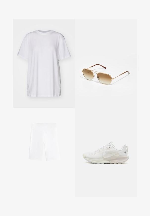 Biele oversized tričko vyrobené z bavlny, s okrúhlym výstrihom, krátkymi rukávmi a bočnými rozparkami pre voľný strih. Hladká textúra.; Biele cyklistické šortky vyrobené z elastického materiálu, s elastickým pásom a hladkým, bezšvovým designom. Dĺžka do polovice stehna.; Nike Performance REACTX PEGASUS 5 - Trailové bežecké topánky - summit white/sail/light orewood brown; Zlaté aviátorové slnečné okuliare s gradientnými hnedými sklami, kovovým rámom a hnedými plastovými koncami ramien. Hladký povrch, minimálny hardvérový detail.; Sivá tkaninová crossbody taška s zaobleným tvarom, ktorá má zborený predný dizajn a tenký nastaviteľný popruh. Zipsové uzatvorenie na vrchu.