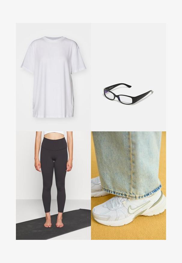 Bela prevelika majica iz bombaža, s krojem okruglog izreza, kratkimi rukavi in stranskimi razporki za sproščen fit. Gladka tekstura.; Visoko pasovane črne legice iz gladkega, elastičnega materiala s prilagojeno silhueto, ki se končajo pri gležnjih. Ujemite jih s kratkim zgornjim delom na joga matu.; Beli športni copati z mrežasto zgornjico, zelenimi poudarki in strukturalnim podplatom, v kombinaciji z svetlo modrimi jeans hlačami z raztrganimi robovi.; Črne pravokotne očala z prozornimi lečami. Sijajna površina, ožje ročke in vijolična barva, vidna na robovih leč.