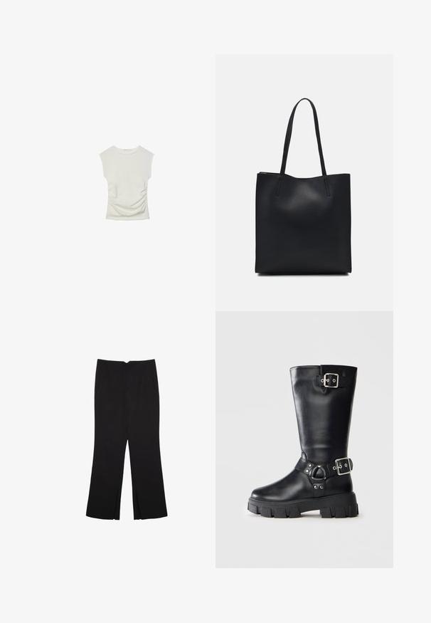 Hvid fitted top lavet af ribbet stof med cap sleeves og samlede detaljer i siderne for tekstur og form.; Sorte bukser med lige pasform, der har frontlommer og slidser i kanten. Lavet af blødt, glat stof. Velegnet til forskellige anledninger.; Sort læderstøvle til midten af læggen med tyk luftgummisål, to sølvfarvede spænder - en øverst og en omkring anklen.; Sort læder tote taske med glat tekstur, rektangulær form og to lange hanke. Ingen synlig hardware eller udsmykninger.