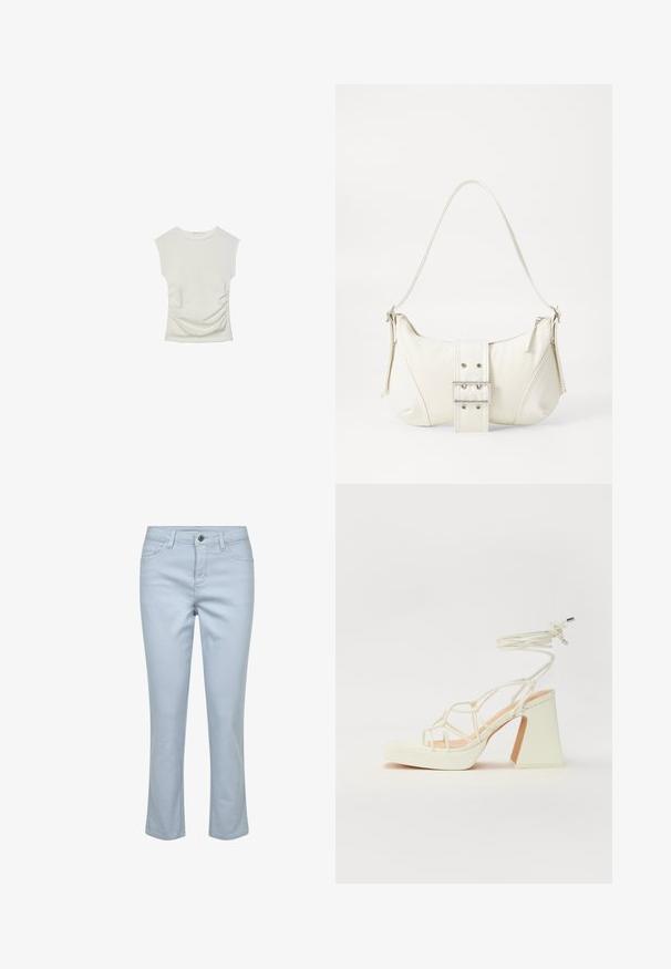 Valkoinen, ribbatusta kankaasta valmistettu, istuva toppi, jossa on hihattomat cap-sleeve -hihoja ja kokoontumisdetails, jotka antavat tekstuuria ja muotoa.; Vaaleansiniset farkut, joissa on klassinen viiden taskun muotoilu, suora lahje ja vetoketju, jossa on nappisuljenta.; Valkoinen korkokenkä, jossa on paksu korko, ja joka sisältää nauhakiinnityksen ja nilkkaketjun. Sujuva pinta, jossa on platform-etupohja lisäkorkeutta varten.; Valkoinen olkalaukku, jossa on teksturoitu pinta, keskeinen solkiyksityiskohta ja kaareva muoto. Vetoketjusulkimet kummallakin puolella.