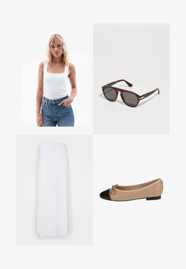 Weißes Tanktop mit quadratischem Ausschnitt, aus glattem Stoff gefertigt, kombiniert mit hoch taillierten blauen Jeans. Einfaches Design, minimale Details.; Weiße Maxiröhre aus leichtem Stoff mit glatter Textur, im einfachen A-Linien-Design ohne sichtbare Verzierungen.; Ballettflats aus beigem Leder mit einer schwarzen Kappe. Mit einer vorderen Schleifenverzierung und einer glatten Textur. Niedriges Profil mit einer Gummisohle.; Schildkrötensonnenbrille mit grauen Gläsern. Glatter Kunststoffrahmen, runde Form, metallische Akzente an den Bügeln. Lichtreflektierende Oberfläche.