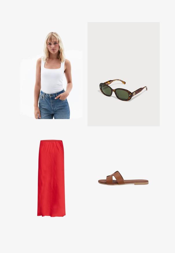 Weißes Tanktop mit quadratischem Ausschnitt, aus glattem Stoff gefertigt, kombiniert mit hoch taillierten blauen Jeans. Einfaches Design, minimale Details.; Rote Maxikleid aus leichtem Stoff, mit elastischem Bund und einem glatten, fließenden Design. Keine Muster oder Verzierungen.; Braune Leder-Slide-Sandalen mit zwei breiten Riemen mit Aussparungen, flacher Sohle und glatter Oberfläche. Moderne, minimalistische Gestaltung.;  Schildpatt-Sonnenbrille mit grünen Gläsern, ovale Form, mit goldfarbenem Logo-Element an der Seite und glatter, glänzender Oberfläche.; Weiße strukturierte Handtasche mit schwarzem Rand, ausgestattet mit einem goldenen Kettenriemen, einem abnehmbaren Schulterriemen und einem dreieckigen Logo-Akzent.; Halskette aus weißen Süßwasserperlen mit unregelmäßigen Formen, verbunden mit goldenem Beschlag und einer zarten, verstellbaren Kette zur Längenanpassung.