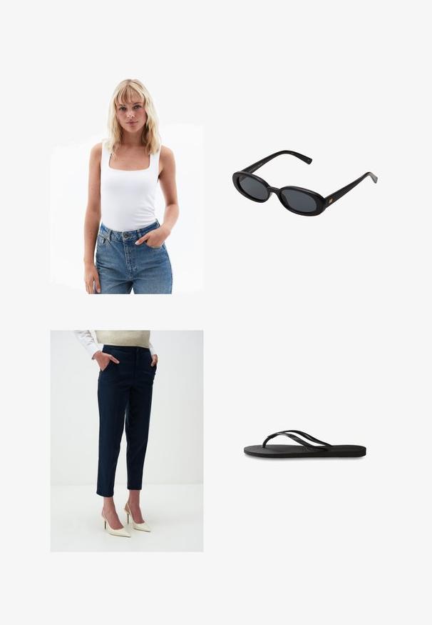 Biała bluzka na ramiączkach z kwadratowym dekoltem, wykonana z gładkiego materiału, zestawiona z jeansami z wysokim stanem w niebieskim kolorze. Prosty design, minimalne detale.; Granatowe spodni wymagane z bawełny, charakteryzujące się dopasowanym krojem, bocznymi kieszeniami i mankietami, w połączeniu z kremowymi szpilkami.; Czarne klapki z teksturowaną gumową podeszwą, dwiema smukłymi paskami oraz subtelnym, wytłoczonym logo na pasku.; Czarne, oversize okulary przeciwsłoneczne z owalnymi soczewkami, gładkim plastikowym mostkiem i złotymi akcentami na zausznikach. Ciemne soczewki zapewniają ochronę przed słońcem.