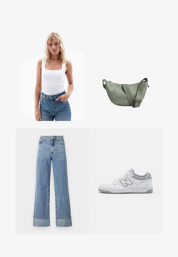 Valkoinen hihaton paita neliömäisellä kaula-aukolla, valmistettu sileästä kankaasta, yhdistetty korkeavyötäröisiin sinisiin farkkuihin. Yksinkertainen muotoilu, minimaalinen yksityiskohtaus.; Vaaleansiniset avara lahkeiset farkut, joissa on korkea vyötärö, viisi taskua ja käärityt lahkeet. Silkkinen pinta, jossa on huomaamatonta kulumista.; Valkoiset nahkakengät, joissa on harmaita yksityiskohtia, varustettuna rei'itetyllä varvasosalla, tasaisilla nauhoilla ja kuvioidulla pohjalla. New Balance -logo sivussa.; Kangaskassi, joka on tehty karkean oliivinvihreän kankaan muodossa. Varustettu vetoketjukiinnityksellä, säädettävällä hihnalla ja pienellä logotiedolla edessä.