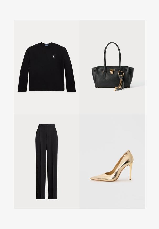 Schwarzes Langarm-T-Shirt aus Baumwolle mit Rundhalsausschnitt und kleinem weißen Polo-Logo auf der linken Brust. Glatte Textur.; Schwarze, taillierte Hose mit hoher Taille, mit Falten vorne, geradem Bein-Design und umgeschlagenem Saum. Aus glattem Stoff gefertigt.; Glänzender goldfarbener Pumps mit spitz zulaufender Zehenpartie und schmalem Stiletto-Absatz vor einem schlichten hellen Hintergrund.; Schwarze Lederhandtasche mit doppelten Griffen, goldfarbener Verschluss- und Kettendetails sowie einem schwarz-weißen Quastenaccessoire vor weißem Hintergrund.