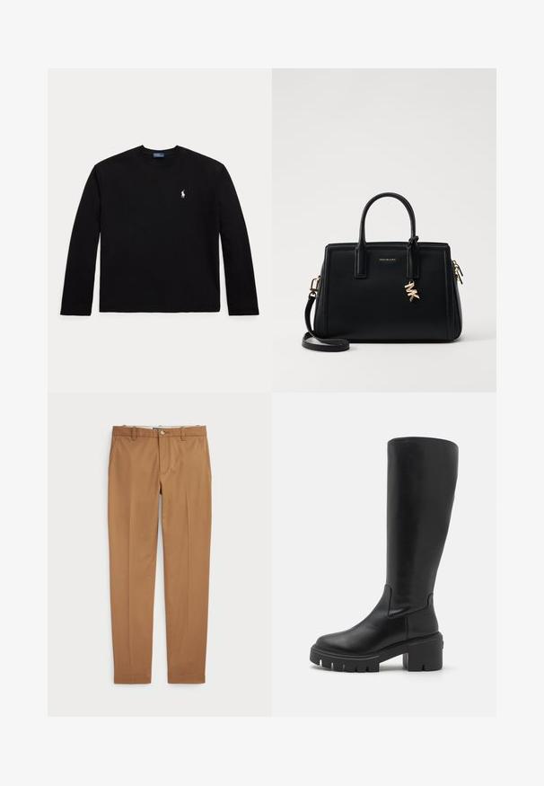 Melna garām piedurknēm T-kreklā, kas izgatavots no kokvilnas, ar apļa kakla izgriezumu un mazu baltu polo logotipu kreisajā krūtī. Gluda tekstūra.; Brūni kokvilnas bikses ar šauru piegriezumu, plakanu priekšpusi un standarta kabatām; gluda tekstūra un apšūti manšetes.; Ceļgalu augstumā melni ādas zābaki ar gludu tekstūru, masīvu platformas zoli un kvadrātu purngalu. Minimālisma stils bez redzamām akcentiem.; Melnas ādas rokas soma ar strukturētu dizainu, dubultiem augšējiem rokturiem, noņemamu plecu siksnu, zelta aparatūru un logo piekariņu akcentu.