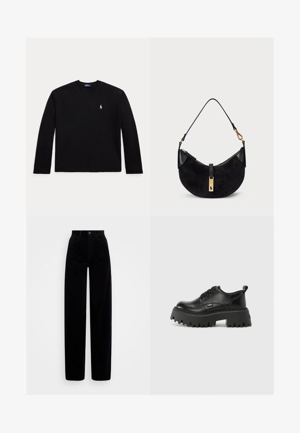 Czarna, długorękawowa koszulka T-shirt z bawełny, z okrągłym dekoltem i małym białym logo polo po lewej stronie klatki piersiowej. Gładka tekstura.; Czarne spodnie w pudełkowym kroju z wysokim stanem, szerokimi nogawkami oraz pojedynczym zapięciem na guzik z przodu. Gładka struktura z pionowymi żłobieniami.; Czarne buty na platformie wykonane z gładkiej skóry, z masywną, teksturowaną podeszwą i zaokrąglonym noskiem. Posiadają sześć dziurek i pętelkę do zakupu.; Czarna torebka o zaokrąglonym kształcie, wykonana z zamszu i skóry, z metalowym zamkiem w kolorze złotym oraz detalem z logo. Posiada krótki uchwyt.