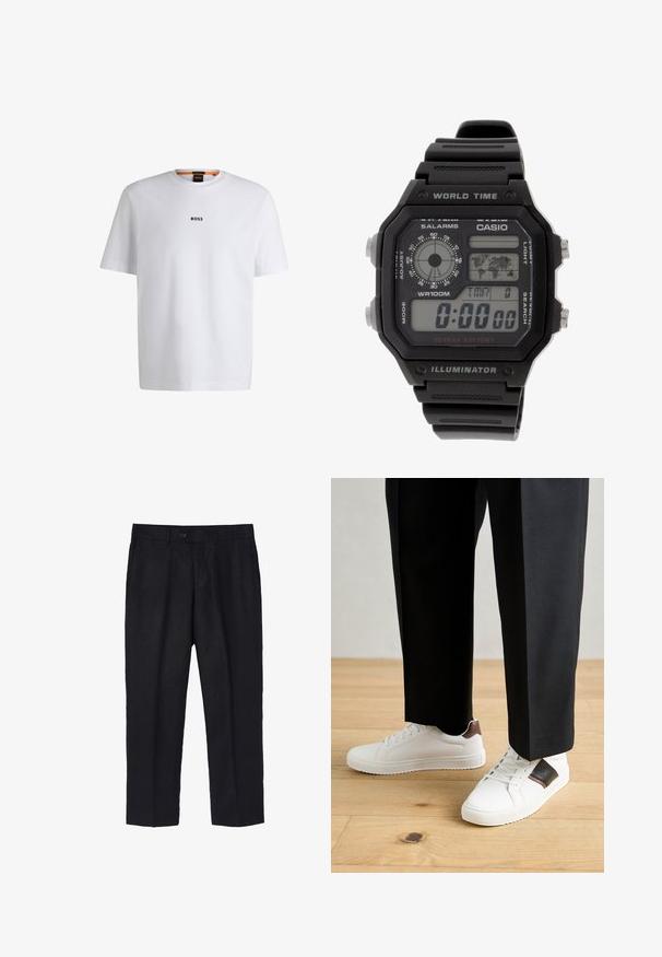 Hvid bomuld T-shirt med korte ærmer, med et sort "BOSS" logo centreret på brystet og en rund halsudskæring.; Sorte linnedragter med en skræddersyet pasform, der har en enkelt frontknap, plisseringer og lige ben. Glat tekstur med en let finish.; Hvide sneakers med glat tekstur, prydet med brune læderdetaljer og sorte detaljer, sammen med sorte skræddersyede bukser. Baggrund med trægulv.; Digitalt armbåndsur med sort gummirem, rektangulært urkasse og linse. Viser tid, verdenskort og knapper til alarm og lys.
