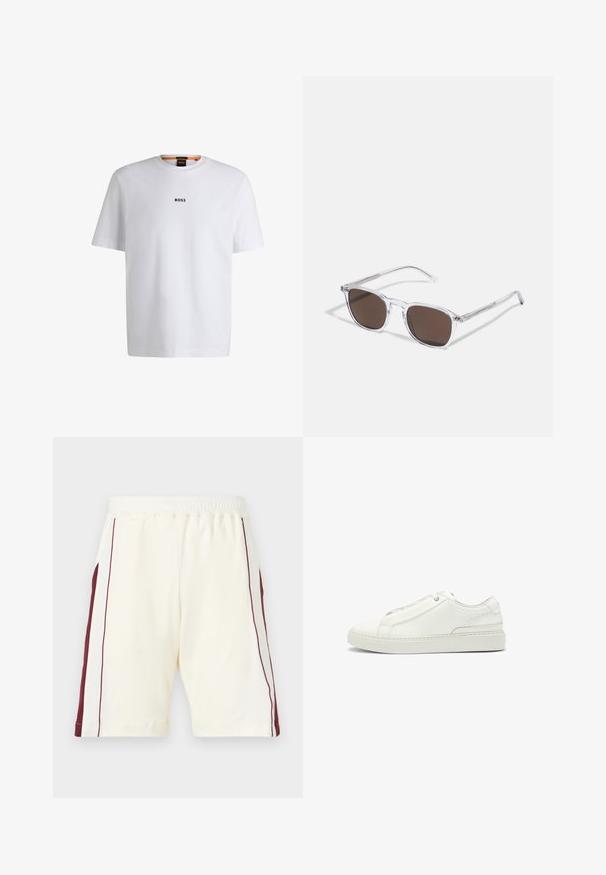 Weißes Baumwoll-T-Shirt mit kurzen Ärmeln, ausgestattet mit einem schwarzen "BOSS"-Logo, das mittig auf der Brust platziert ist, und einem runden Halsausschnitt.; Helle Cremeshorts mit elastischem Bund, ausgestattet mit kastanienbraunen Seitenstreifen und glatter Textur, am Beinabschluss gesäumt.; Weiße Leder-Sneaker mit strukturierter Oberseite, runder Zehenform, minimalistischem Design und Gummisohle mit gestickten Details.; Klarer Kunststoff-Sonnenbrillen mit rechteckigen braunen Gläsern, ausgestattet mit dünnen, transparenten Bügeln und Metallakzenten an den Schläfen.