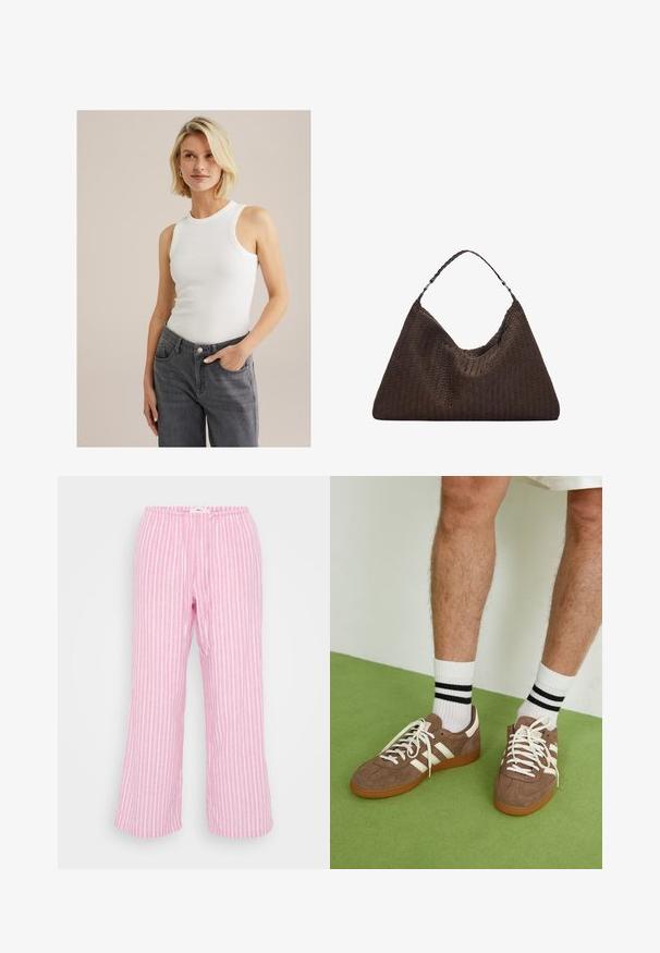 Bijela bez rukava rebrasta majica s okruglim izrezom, u kombinaciji s uskim sivim trapericama visokog struka koje imaju džepove i kopčanje na gumbe.; Pantalone s ružičastim prugama, elastičnim pojasom, laganom tkaninom, širokim nogavicama i glatkom površinom. Vertikalne pruge u bijeloj boji.; Smeđe nubuk tenisice s bijelim detaljima i vezicama. Gumeni potplat. Nosene s bijelim čarapama s crnim prugama. Zeleno teksturirano pod.; Smeškan smeđi kožni torbica u obliku trokuta. Ima pletenu ručku i patentni zatvarač na vrhu.; Tri čašice za kosu: jedna crno-bijela mramorna, dvije žirafe u smeškim i crnim nijansama, sve izrađene od sjajnog plastike s teksturiranom završnom obradom.