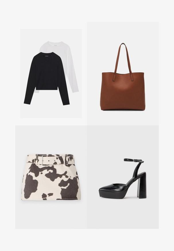 Dve dolge majice z dolgimi rokavi: ena črna in ena bela. Obe imata okroglo ovratnico, raglan rokave in mehko mešanico bombaža.; Mini krilo iz jeans tkanine s kravjim vzorcem in pasom. Značilnosti temno rjavih oblik na svetlem ozadju. Teksturna tkanina z močno šivanim zaključkom.; Črne platforme z visokimi petami in koničastim nosom ter nastavljivim gležnjenjskim trakom. Narejene iz gladke usnje, s kockasto peto.; Rjava usnjena torba z gladko teksturo, odprto zasnovo zgoraj in dvema naramnima trakovoma. Opremljena je z minimalnim šivanjem in brez vidnih kovinskih delov.