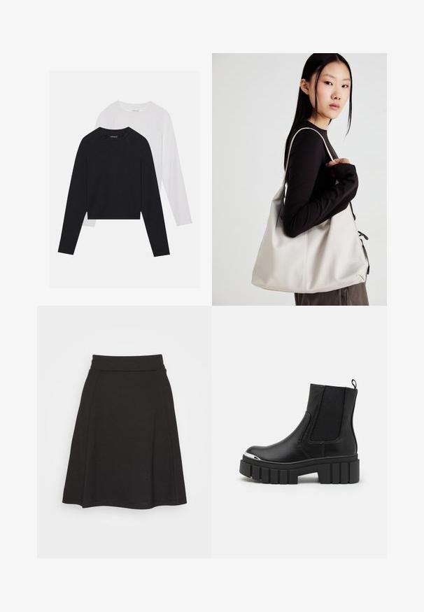 Twee langemouwen shirts: een zwarte en een witte. Beide hebben een ronde hals, raglanmouwen en zijn gemaakt van een zachte katoenmix.; Zwarte flare rok gemaakt van een zachte stof met een gladde textuur. Heeft een brede tailleband en valt tot halverwege de dijen.; Zwarte enkellaarsjes van soepel leer met elastische panels, een dikke plateauzool en een metalen neuskap.; Beige handtas gemaakt van zacht materiaal, met een slonzig ontwerp, gestikte details en twee schouderbanden. Geschikt voor dagelijks gebruik.