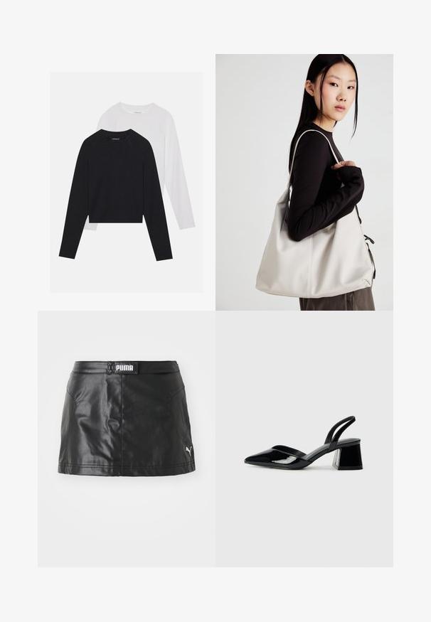 Twee langemouwen shirts: een zwarte en een witte. Beide hebben een ronde hals, raglanmouwen en zijn gemaakt van een zachte katoenmix.; Zwarte faux leren rok met een gladde textuur, featuring een PUMA-logo op de tailleband en een klein logo op de zoom.; Zwarte gepatineerde leren slingback hakken met een spitse neus en een geometrische blokhak. Kenmerkt zich door een slank, minimalistisch ontwerp en een gladde textuur.; Beige handtas gemaakt van zacht materiaal, met een slonzig ontwerp, gestikte details en twee schouderbanden. Geschikt voor dagelijks gebruik.