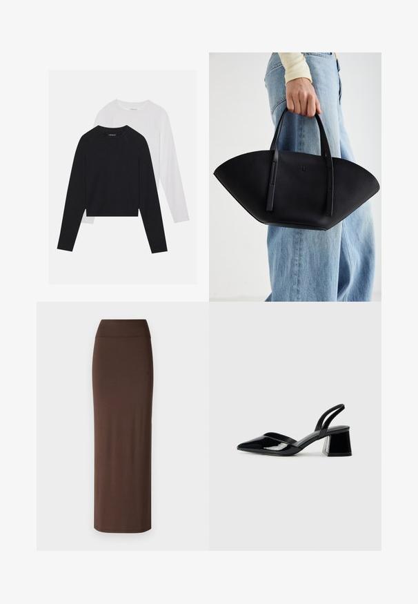 Two long-sleeved shirts: one black and one white. Both feature a crew neck, raglan sleeves, and a soft cotton blend fabric.; Brown, form-fitting maxi skirt made of soft fabric, featuring a high waistband and a smooth texture without visible seams or patterns.; Black patent leather slingback heels with a pointed toe and a geometric block heel. Features a sleek, minimal design and smooth texture.; Black leather handbag with a unique fan shape, featuring flat handles. The surface has a pebbled texture and a minimalistic design.