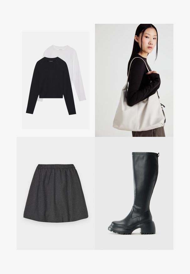 Două cămăși cu mâneci lungi: una neagră și una albă. Ambele au guler rotund, mâneci raglan și sunt realizate dintr-un amestec moale de bumbac.; Fustă cu dungi negre, dotată cu un talie elastică, prezintă dungi verticale albe, un design evazat și o textură netedă. Potrivită pentru ținute casual.; Cizme lungi din piele neagră cu talpă platformă masivă și tocul pătrat, având un tab de tragere și un model texturat pe talpa exterioară.; Geantă bej din material moale, cu un design lejer, detalii cusute și două bretele pentru umăr. Potrivită pentru utilizarea zilnică.